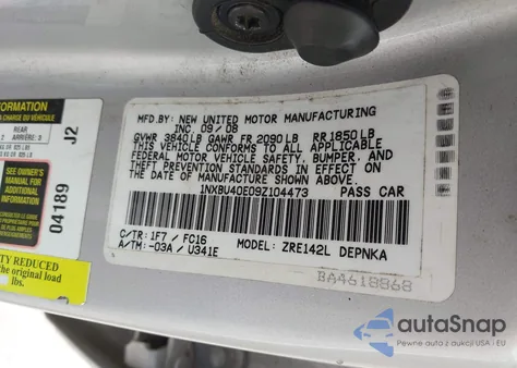 2009 Toyota Corolla Xle z USA, uszkodzony, nr VIN 1NXBU40E09Z104473